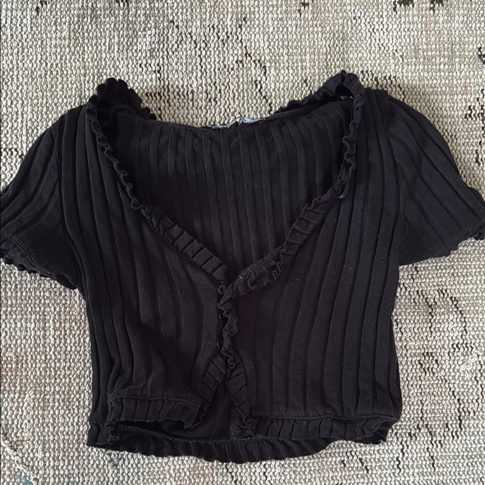 Zara Black Ribbed Puff Sleeve Crop Top